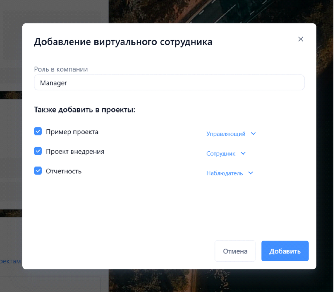 Выбор роли и проекта