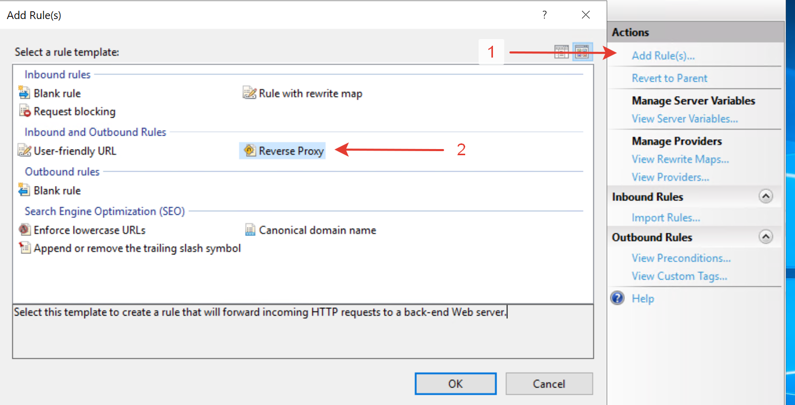 Добавление правила Reverse Proxy