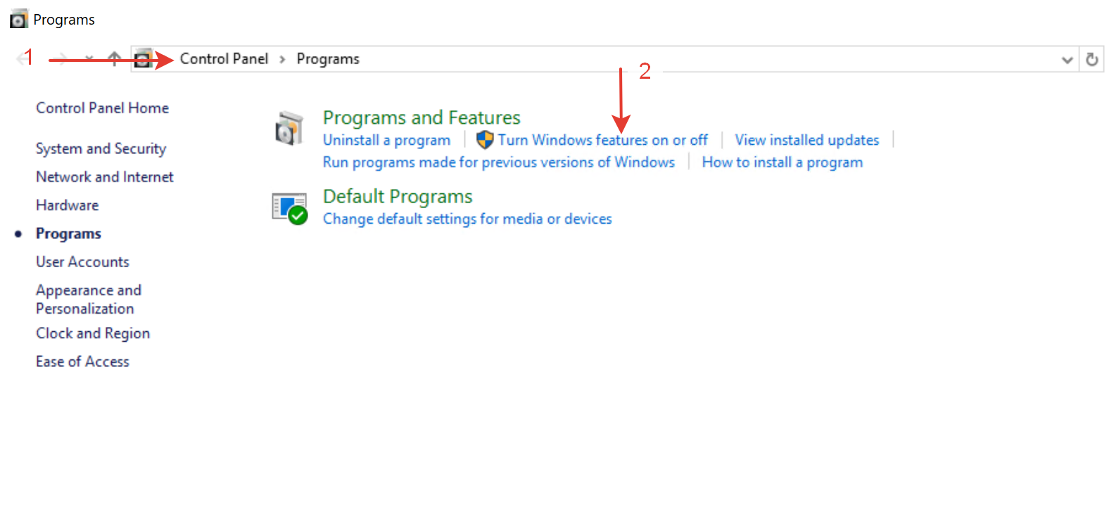 Переход на вкладку Windows features on or off из панели управления